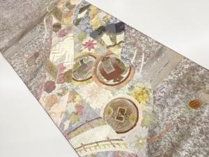 作家物　金彩螺鈿手描き宝尽くしに花々・檜扇・橋模様袋帯